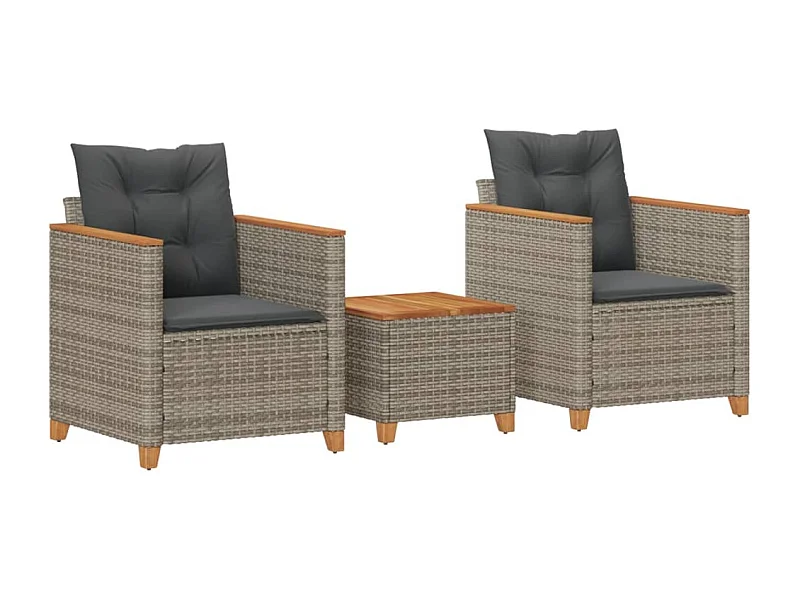 Ensemble de bistro 3 pcs et coussins gris résine tressée acacia