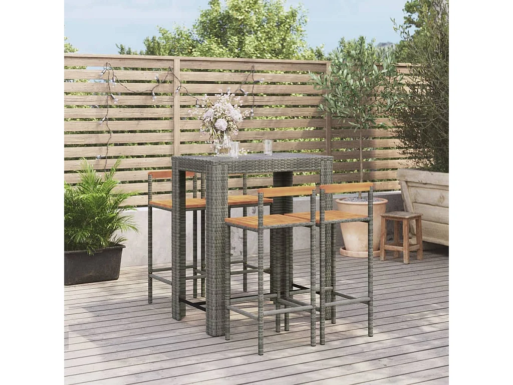 Ensemble de bar jardin 5 pcs gris poly rotin-bois massif acacia