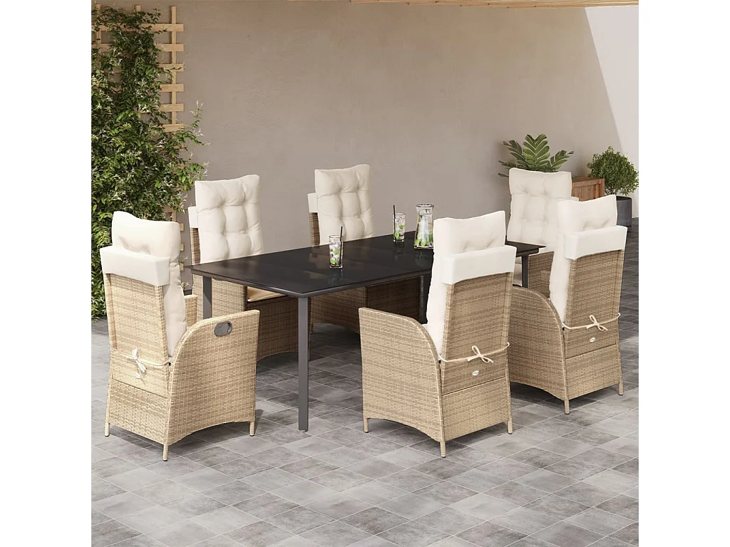 Ensemble à manger de jardin et coussins 7 pcs beige poly rotin