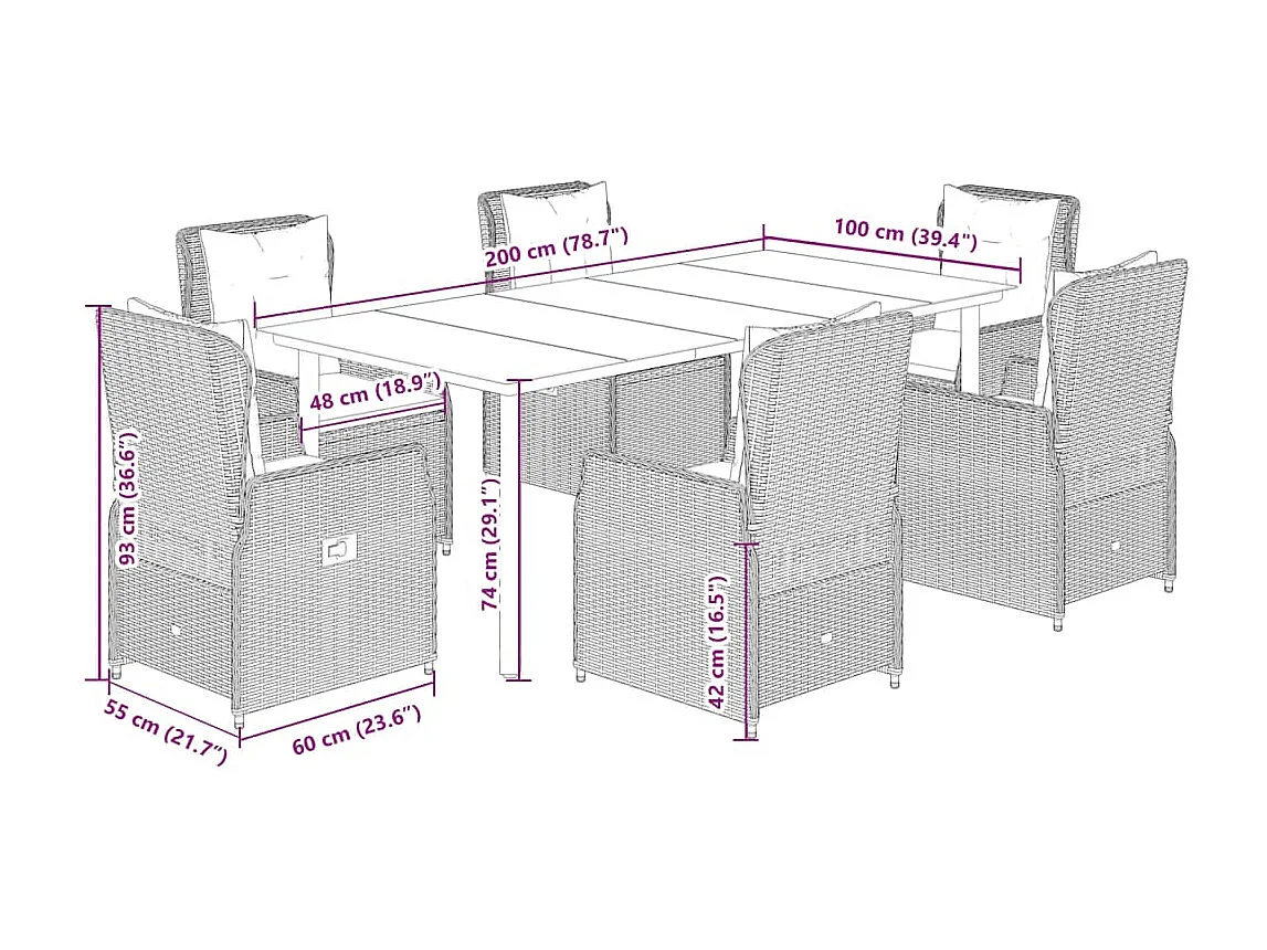 Ensemble à manger de jardin et coussins 7 pcs gris clair rotin