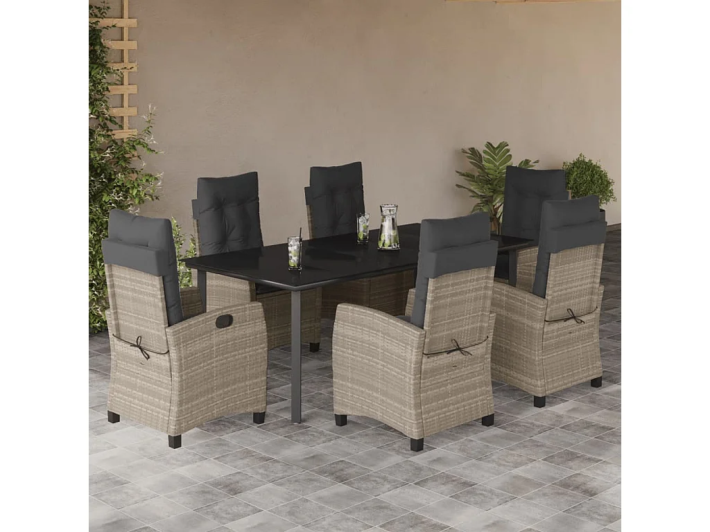 Ensemble à manger de jardin et coussins 7 pcs gris clair rotin