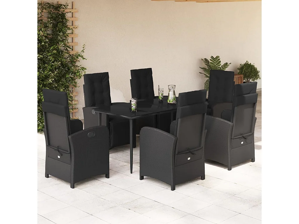 Ensemble à manger de jardin coussins 7pcs Noir Résine tressée