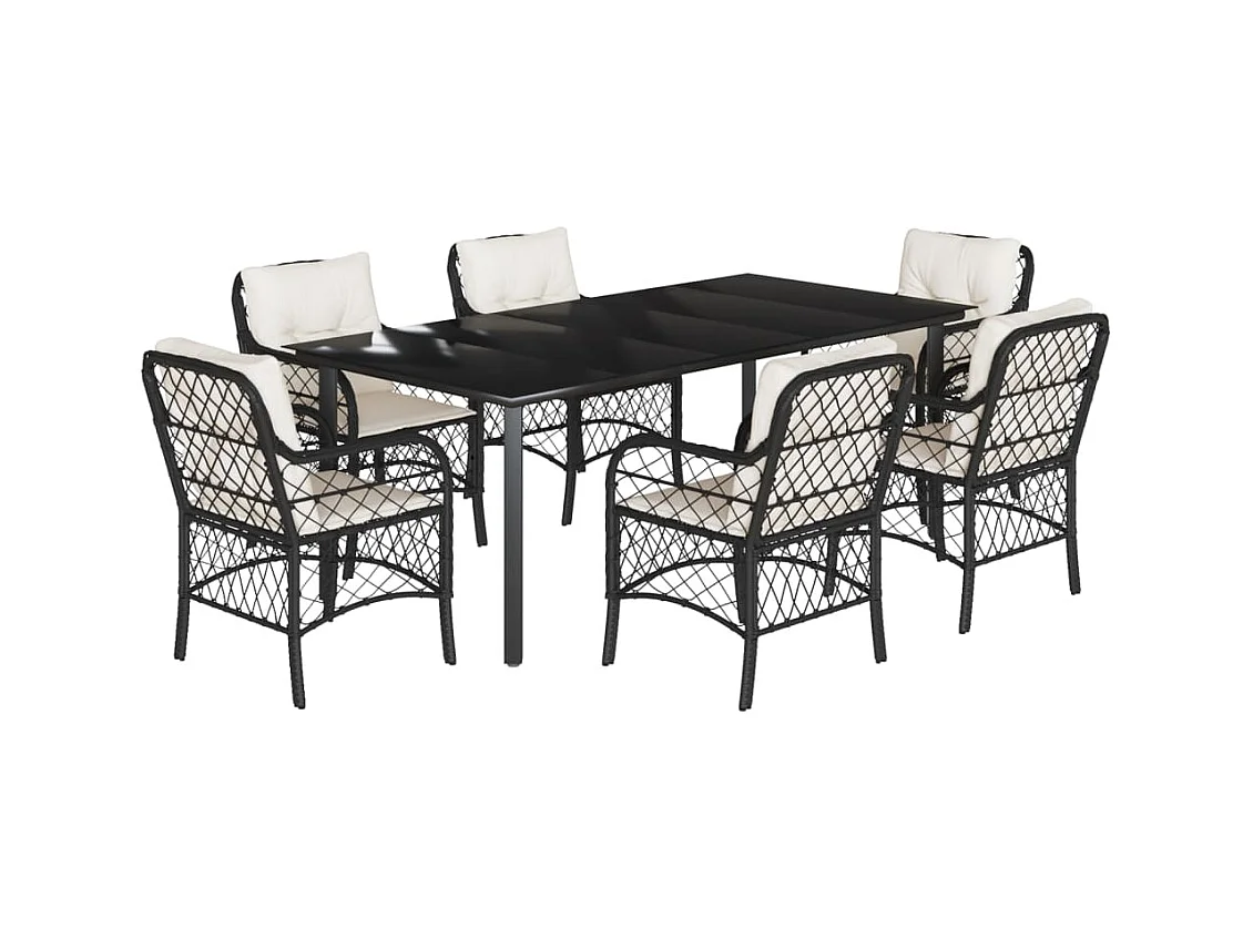 Ensemble à manger de jardin coussins 7pcs Noir Résine tressée