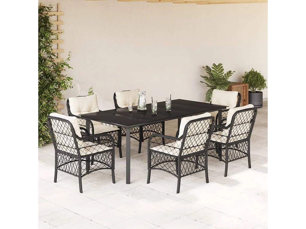 Ensemble à manger de jardin coussins 7pcs Noir Résine tressée