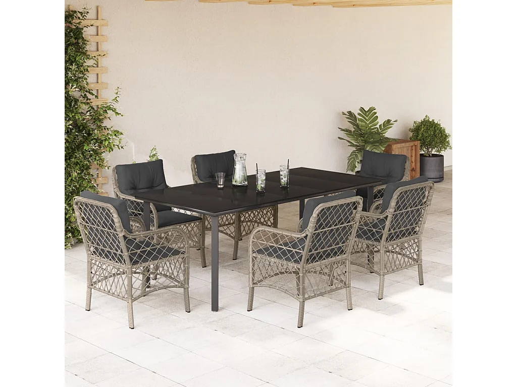 Ensemble à manger de jardin et coussins 7 pcs gris clair rotin