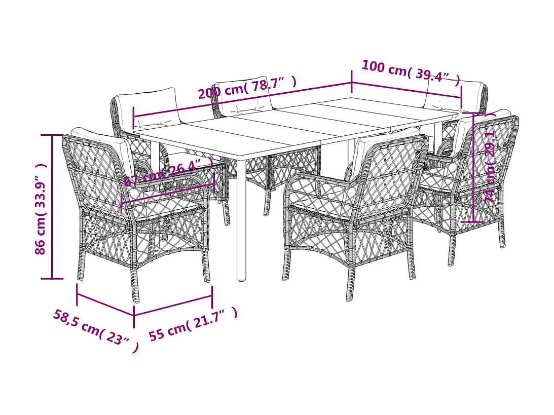 Ensemble à manger de jardin et coussins 7 pcs gris clair rotin