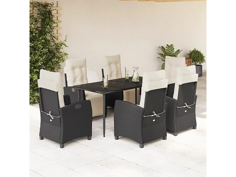 Ensemble à manger de jardin coussins 7pcs Noir Résine tressée