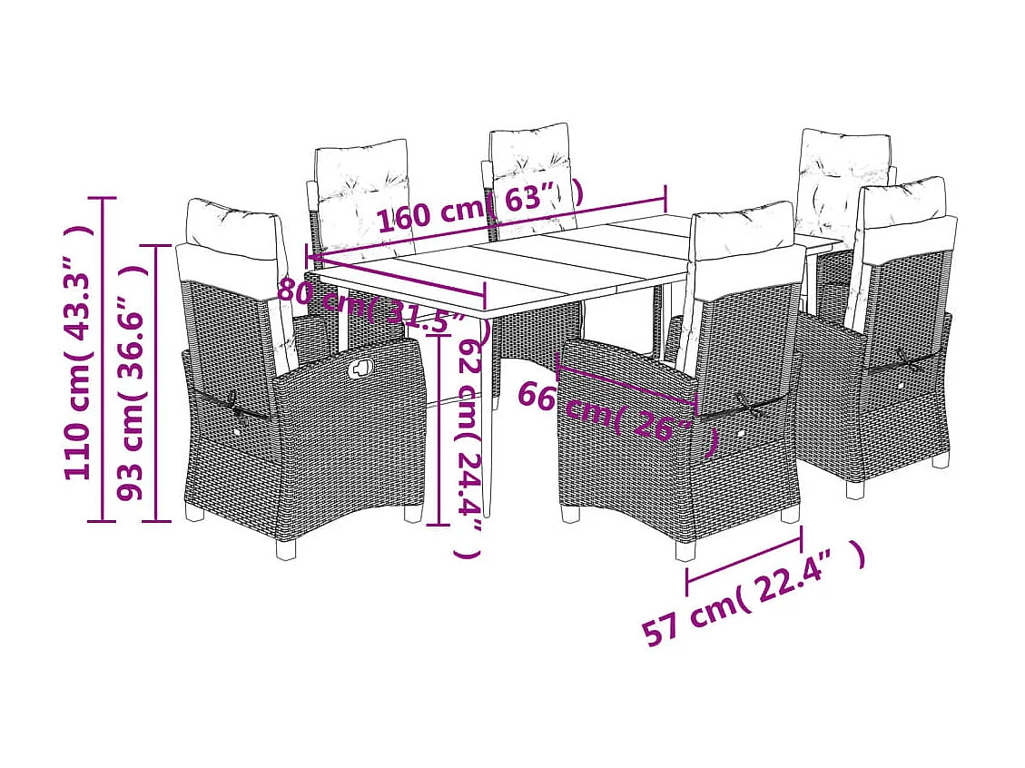 Ensemble à manger de jardin coussins 7pcs Noir Résine tressée