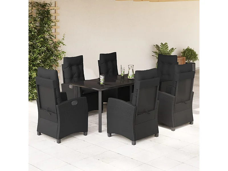 Ensemble à manger de jardin coussins 7pcs Noir Résine tressée