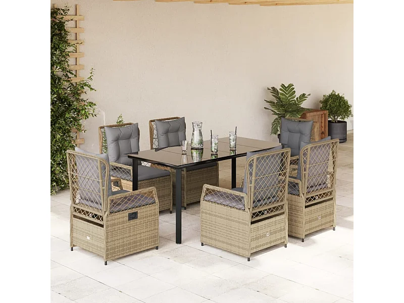 Ensemble à manger de jardin et coussins 7 pcs beige poly rotin