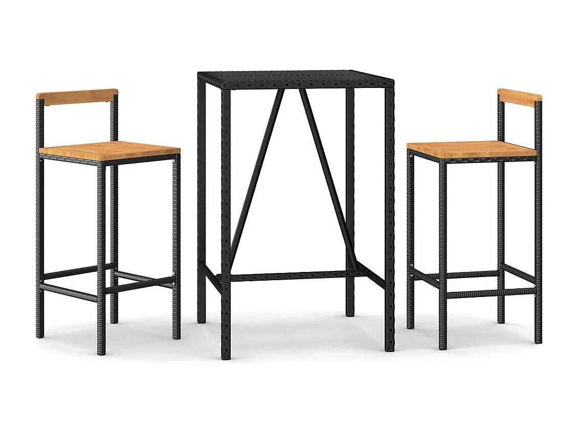 Ensemble de bar jardin 3 pcs noir poly rotin-bois massif acacia