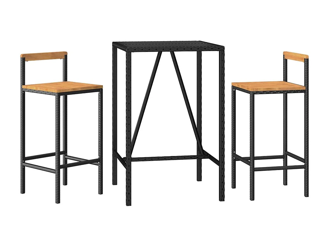 Ensemble de bar jardin 3 pcs noir poly rotin-bois massif acacia