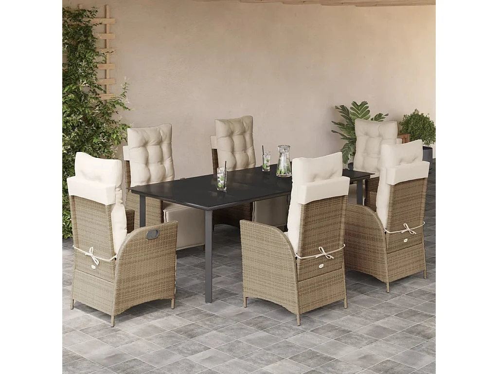 Ensemble à manger de jardin et coussins 7 pcs beige poly rotin