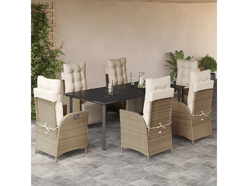 Ensemble à manger de jardin et coussins 7 pcs beige poly rotin