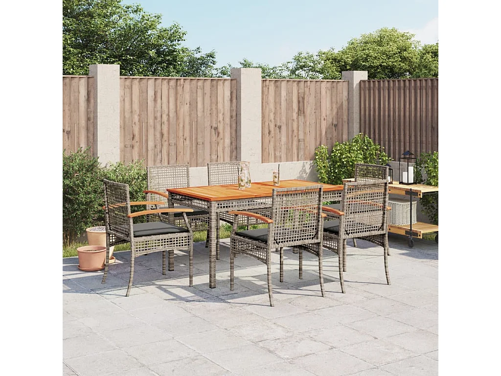 Ensemble à manger de jardin et coussins 7 pcs gris rotin