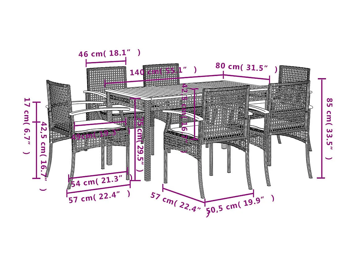 Ensemble à manger de jardin et coussins 7 pcs gris rotin