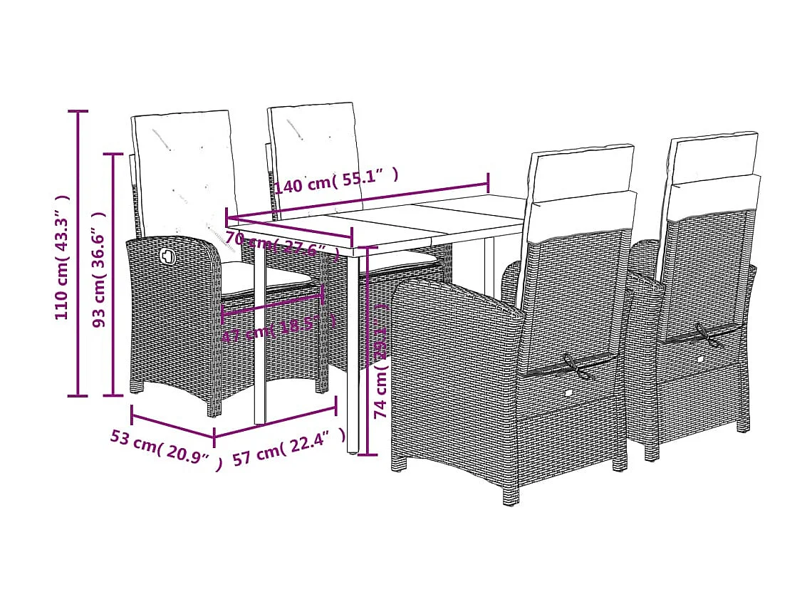 Ensemble à manger de jardin coussins 5pcs Noir Résine tressée