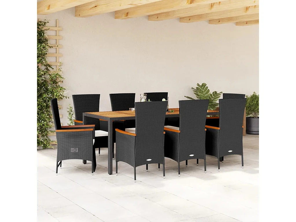 Ensemble à manger de jardin 9pcs coussins noir résine tressée