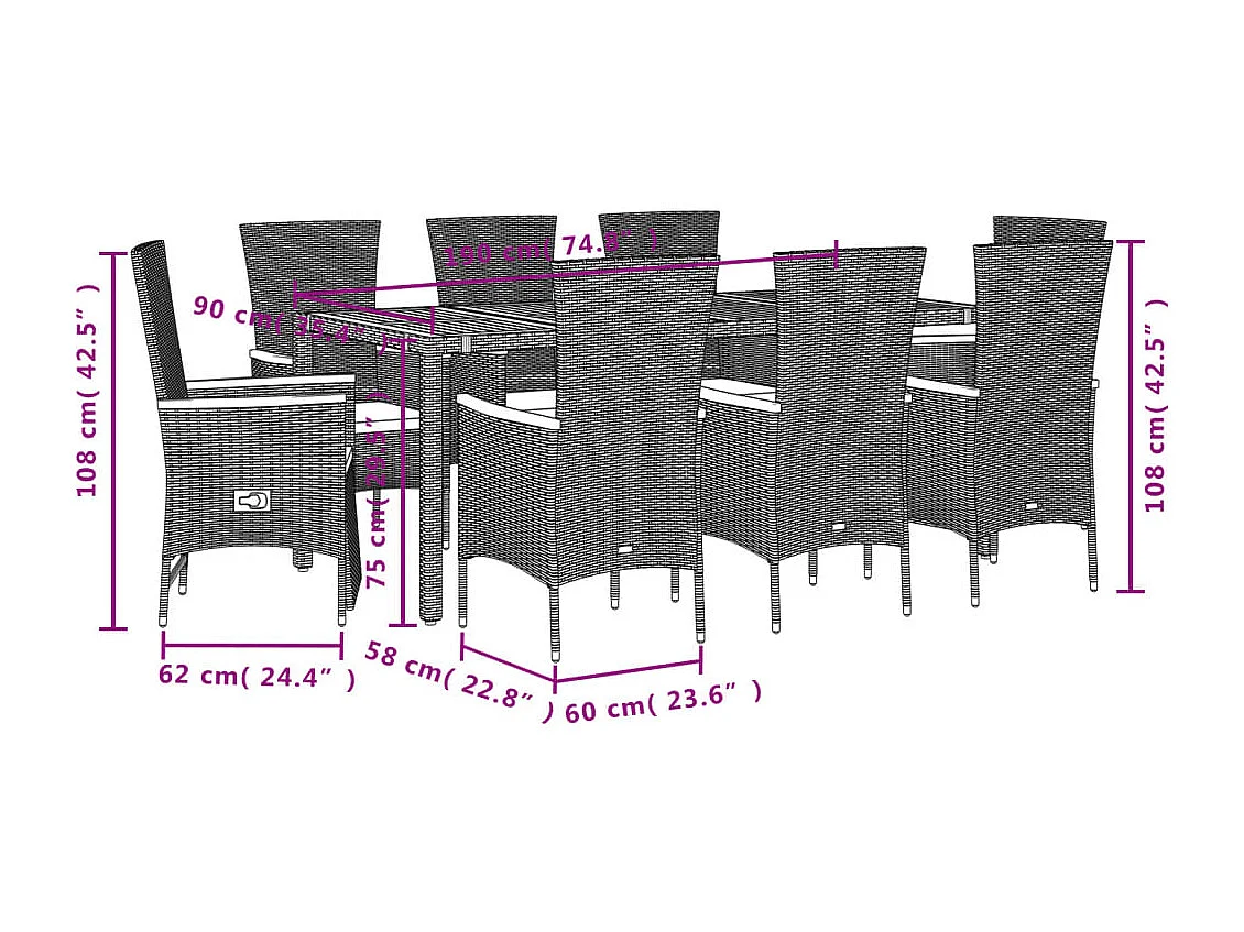 Ensemble à manger de jardin 9pcs coussins noir résine tressée