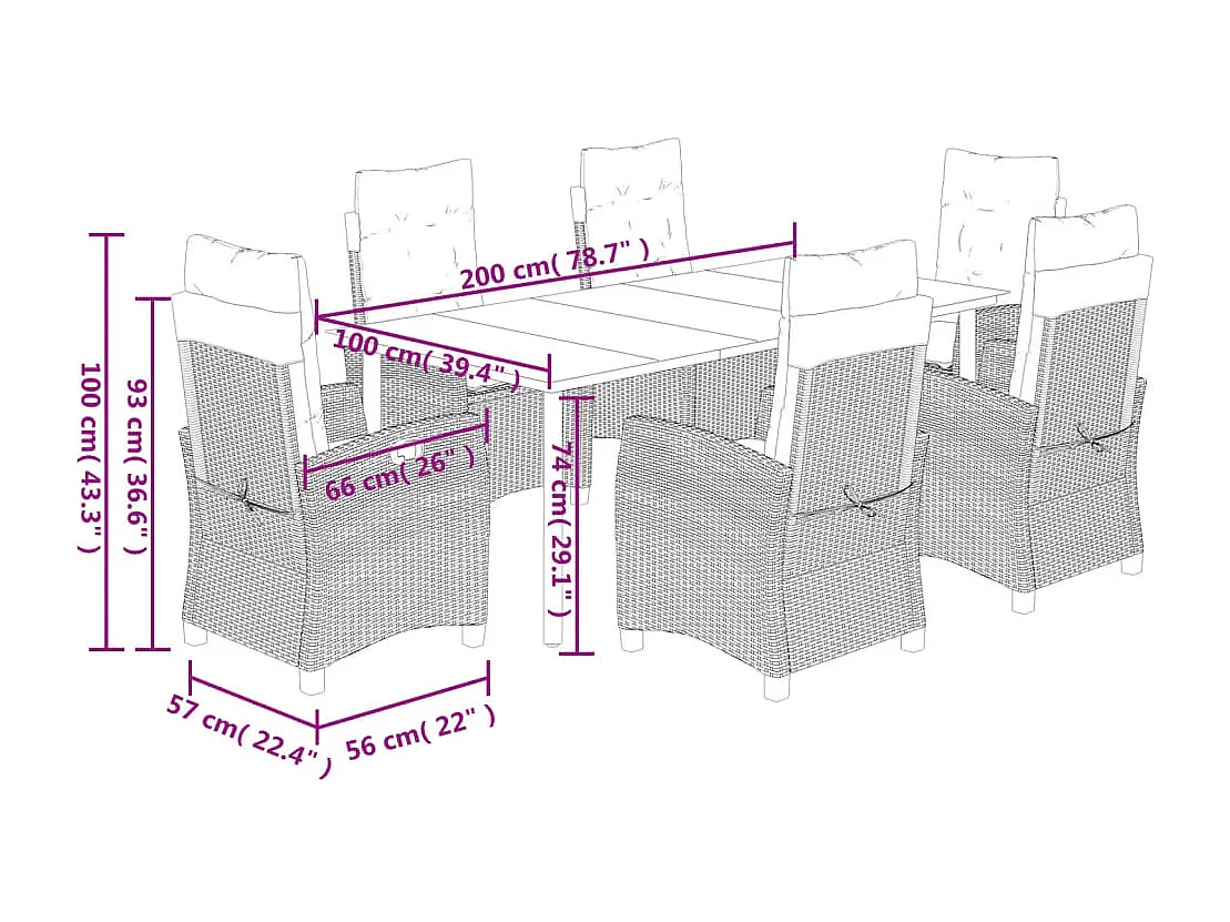 Ensemble à manger de jardin coussins 7pcs Noir Résine tressée