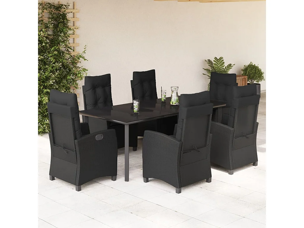 Ensemble à manger de jardin coussins 7pcs Noir Résine tressée