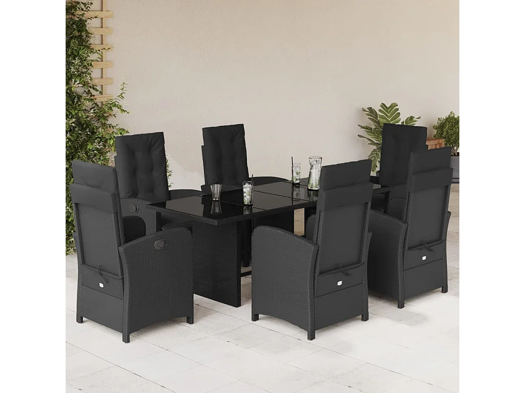 Ensemble à manger de jardin coussins 7pcs Noir Résine tressée