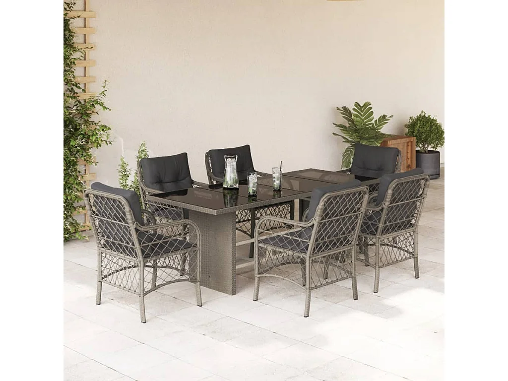 Ensemble à manger de jardin et coussins 7 pcs gris clair rotin