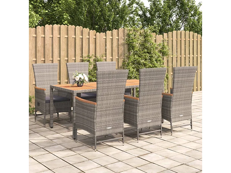 Ensemble à manger de jardin et coussins 7 pcs gris rotin