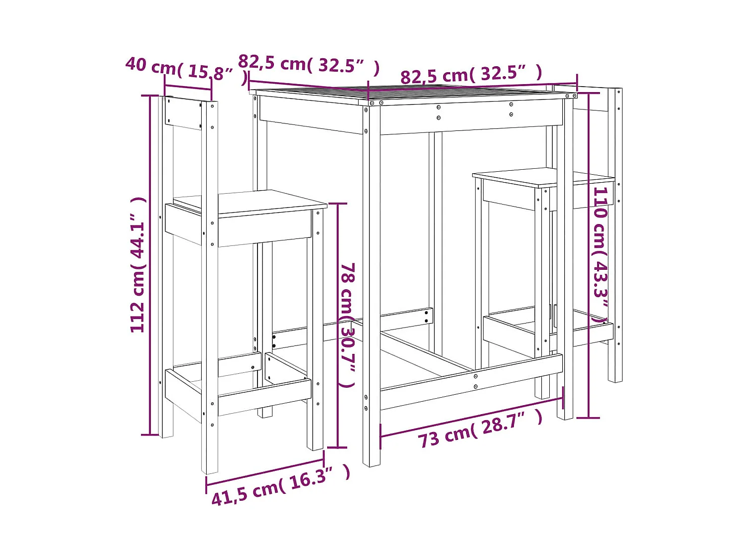 Ensemble de bar de jardin 3 pcs noir bois de pin massif