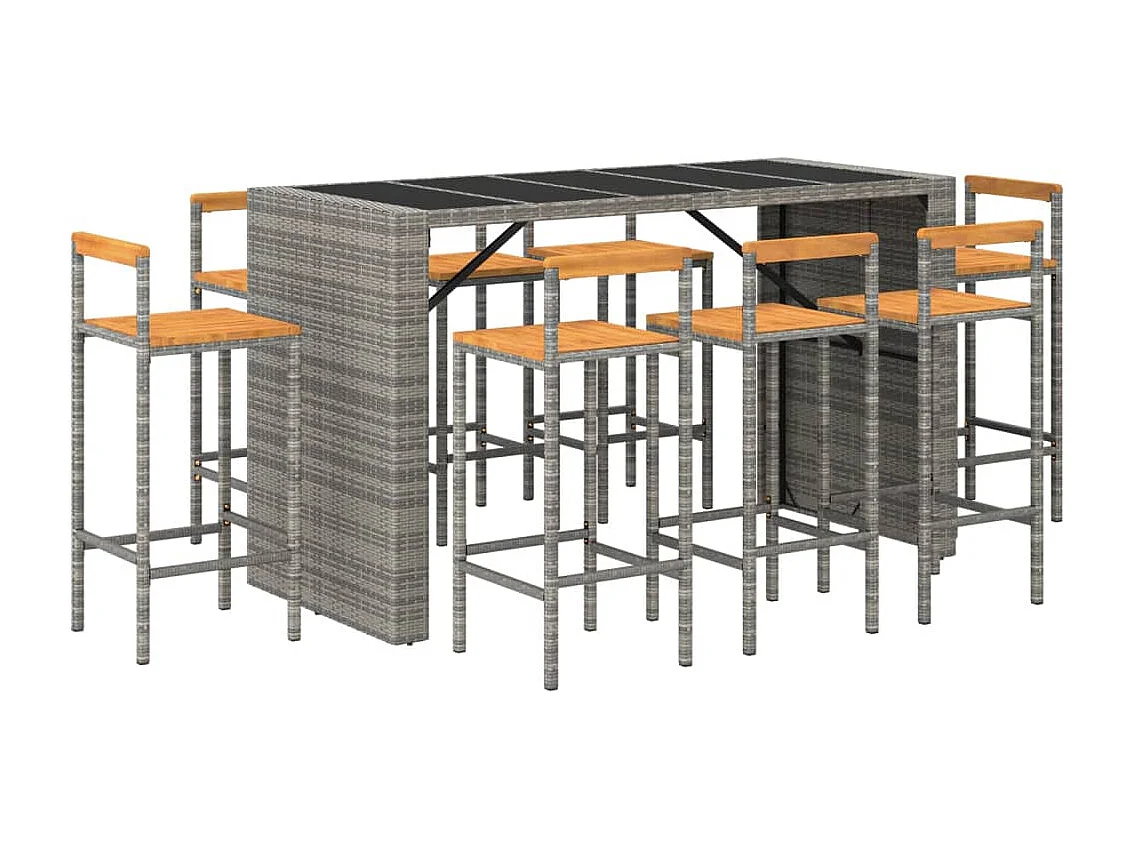 Ensemble de bar jardin 9 pcs gris poly rotin-bois massif acacia