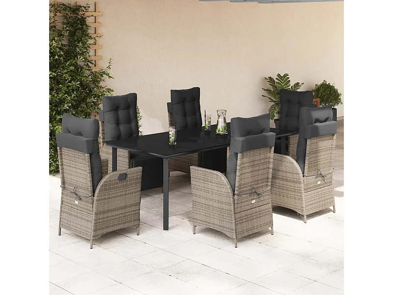 Ensemble à manger de jardin et coussins 7 pcs gris rotin