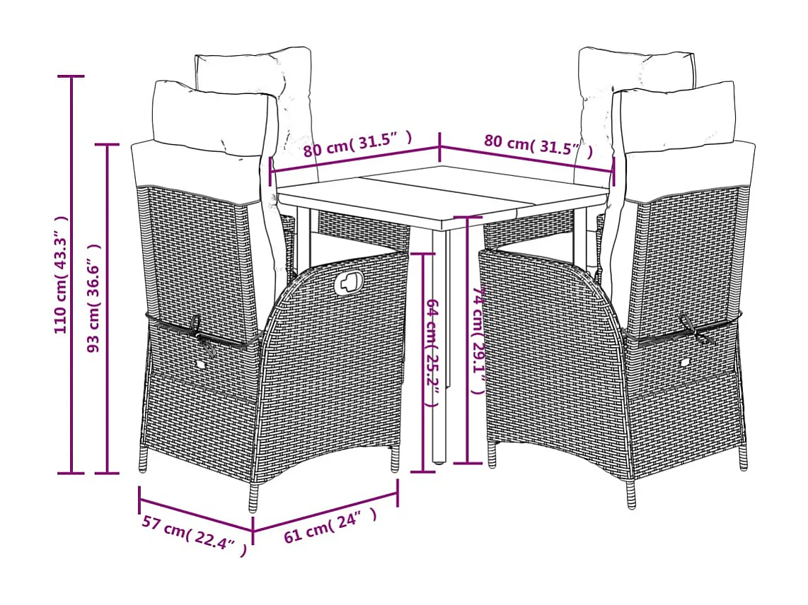 Ensemble à manger de jardin coussins 5pcs Noir Résine tressée