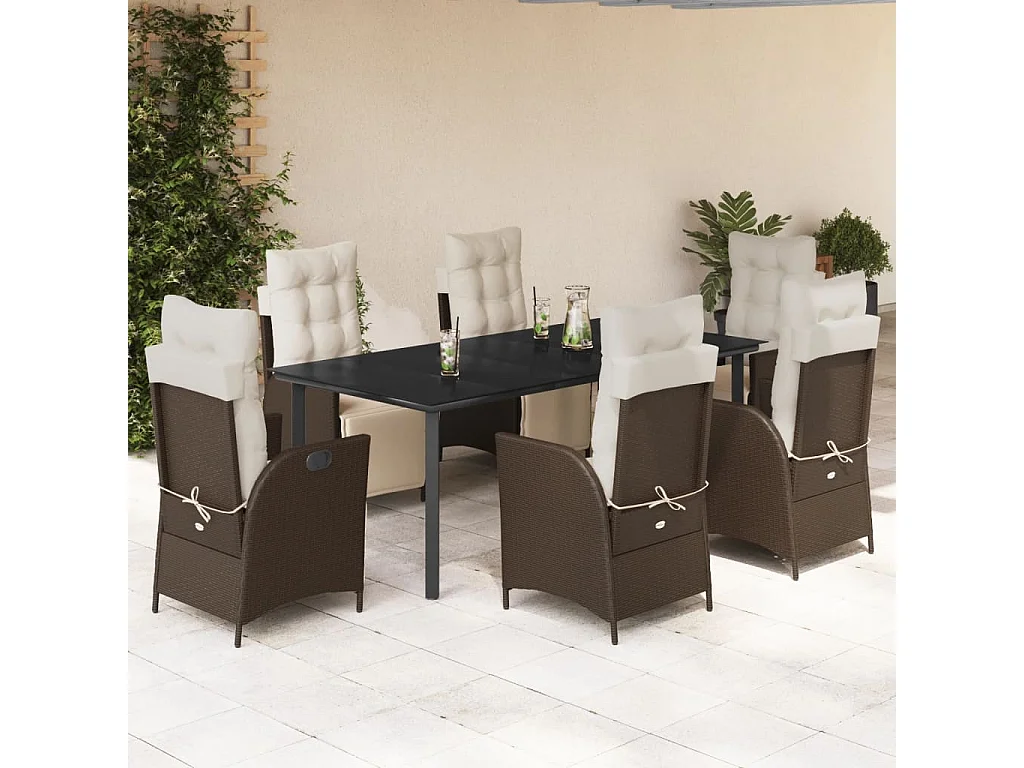 Ensemble à manger de jardin et coussins 7 pcs marron rotin