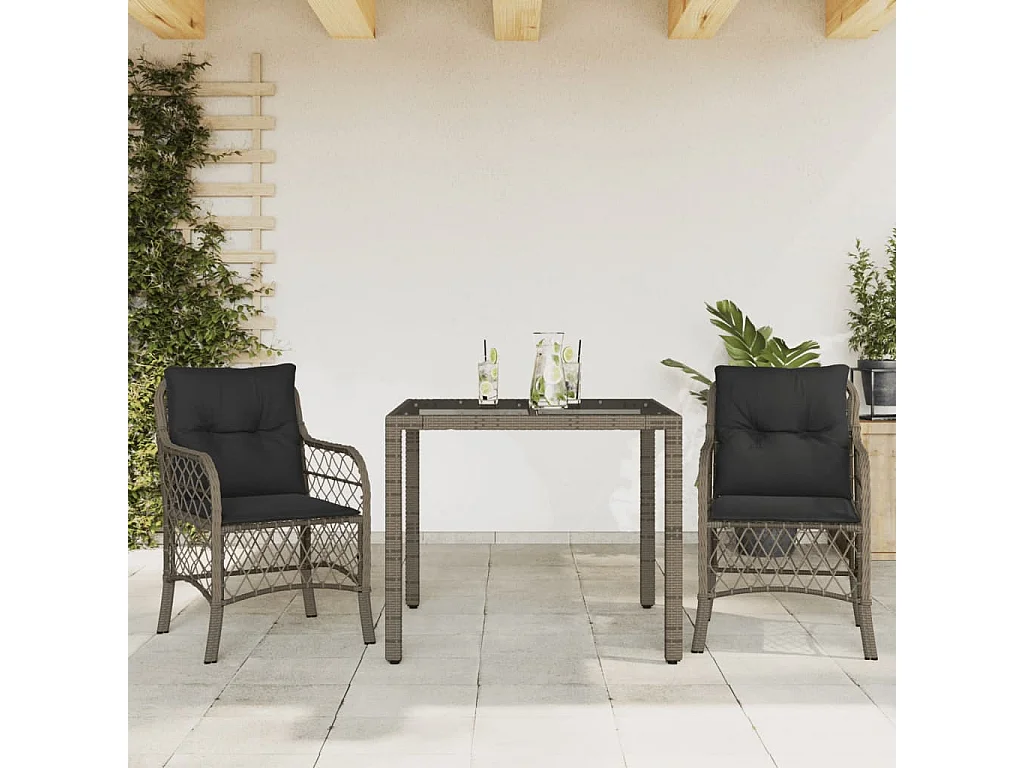 Ensemble de bistro 3 pcs avec coussins gris résine tressée