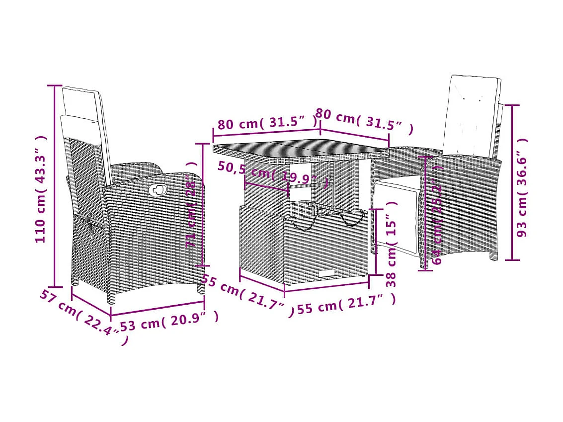 Ensemble à manger de jardin avec coussins 3 pcs Noir