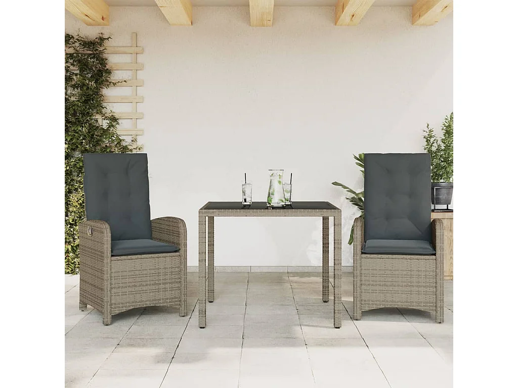 Set comedor de jardín 3 piezas con cojines ratán sintético gris