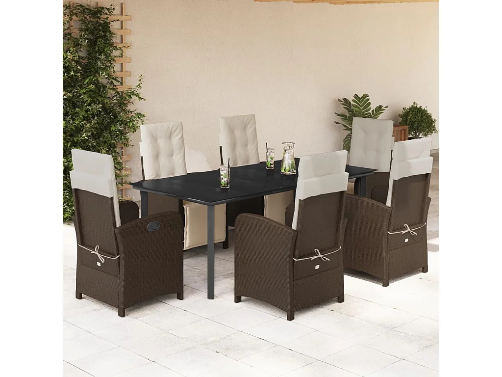Ensemble à manger de jardin et coussins 7 pcs marron rotin