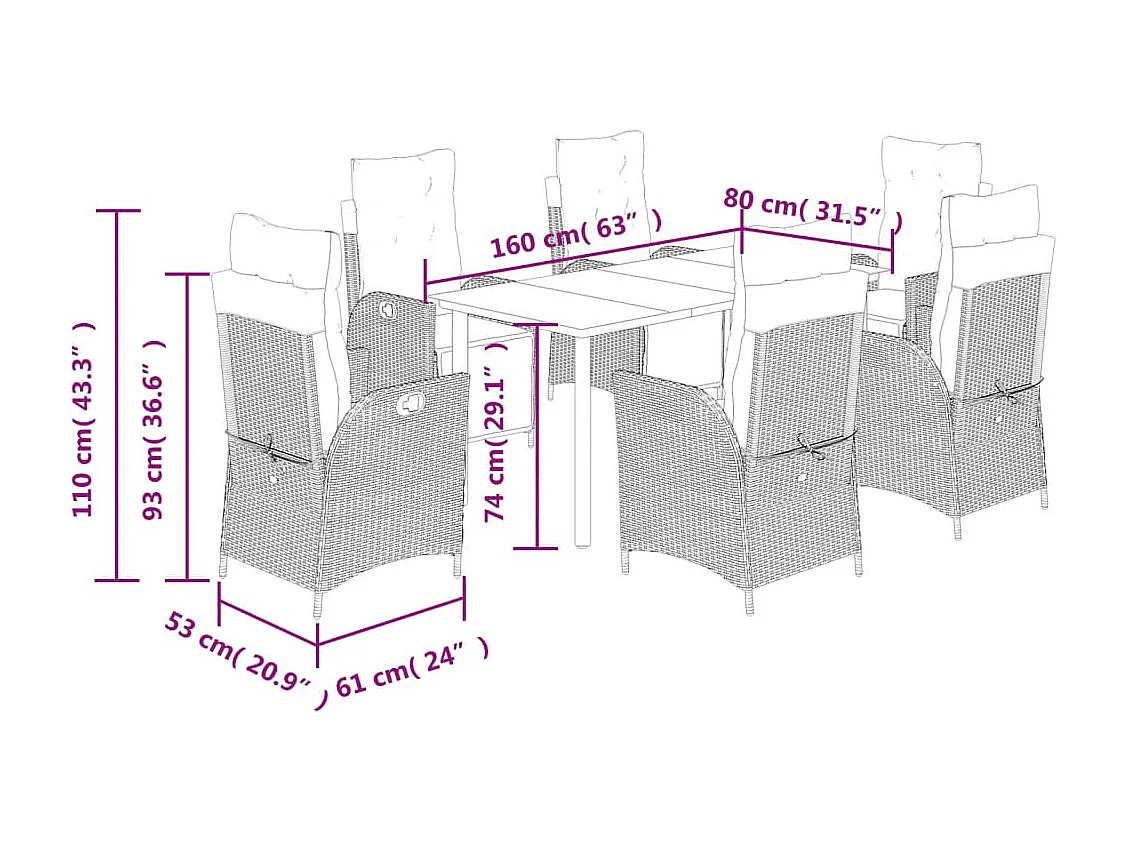 Ensemble à manger de jardin coussins 7pcs Noir Résine tressée