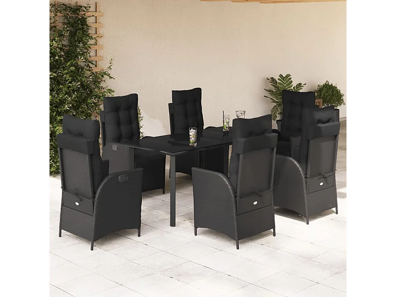 Ensemble à manger de jardin coussins 7pcs Noir Résine tressée