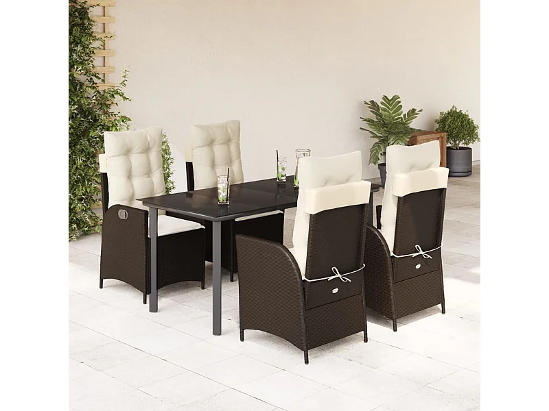 Ensemble à manger de jardin 5 pcs et coussins marron poly rotin