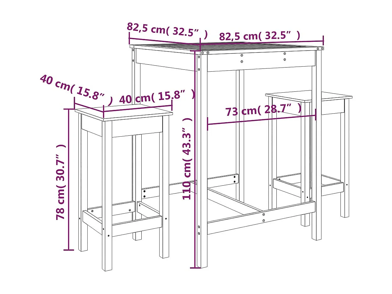 Ensemble de bar de jardin 3 pcs noir bois de pin massif