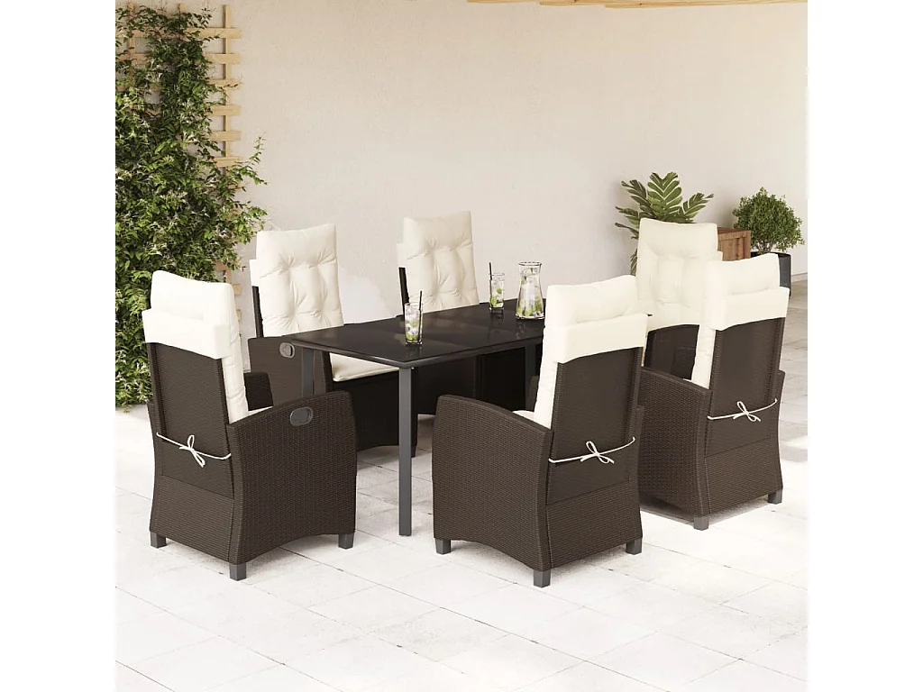 Ensemble à manger de jardin et coussins 7 pcs marron rotin