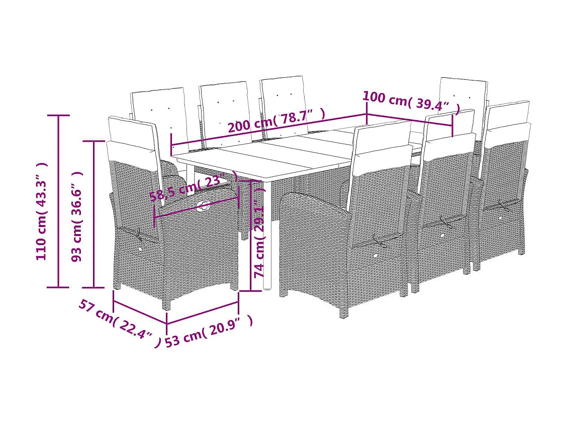 Ensemble à manger de jardin et coussins 9 pcs gris clair rotin