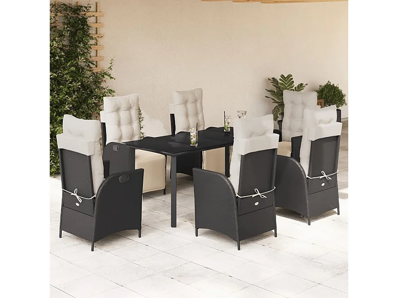 Ensemble à manger de jardin coussins 7pcs Noir Résine tressée