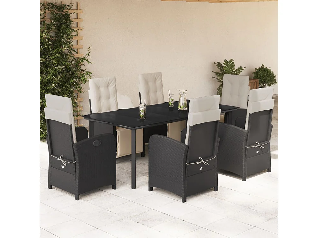 Ensemble à manger de jardin coussins 7pcs Noir Résine tressée