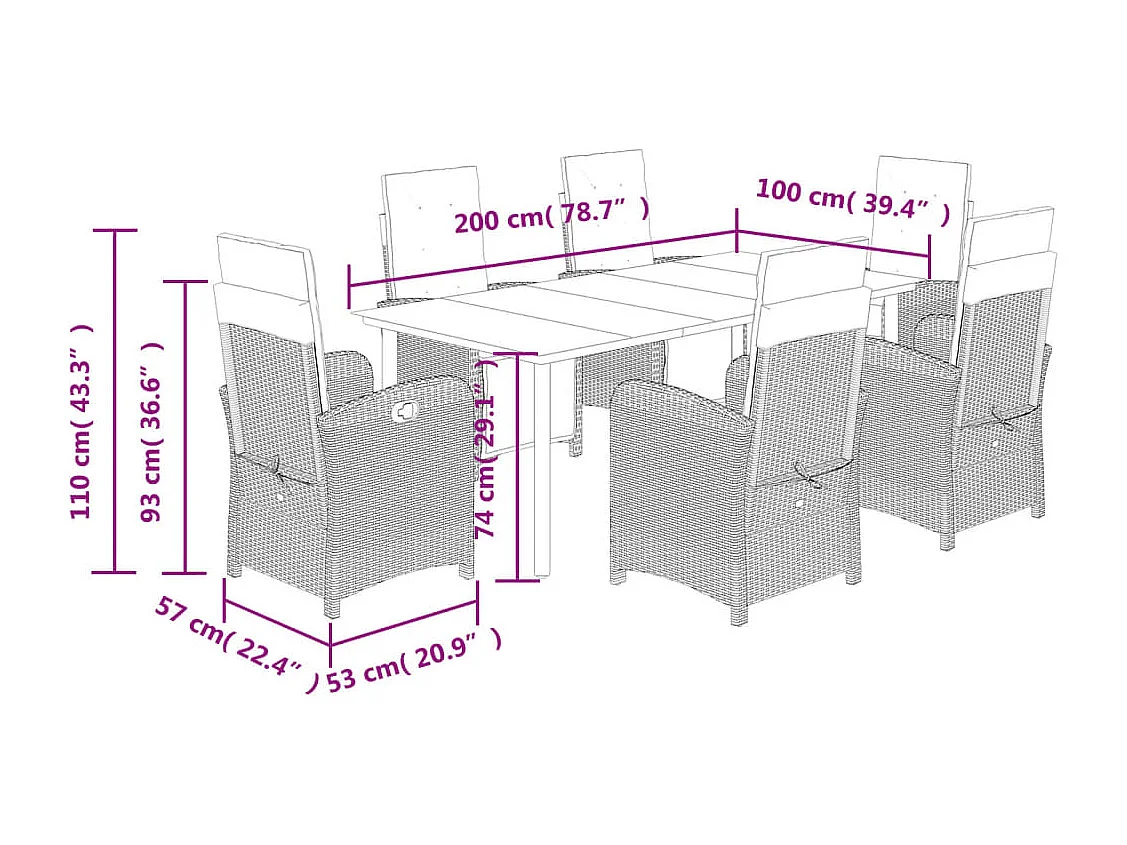 Ensemble à manger de jardin coussins 7pcs Noir Résine tressée
