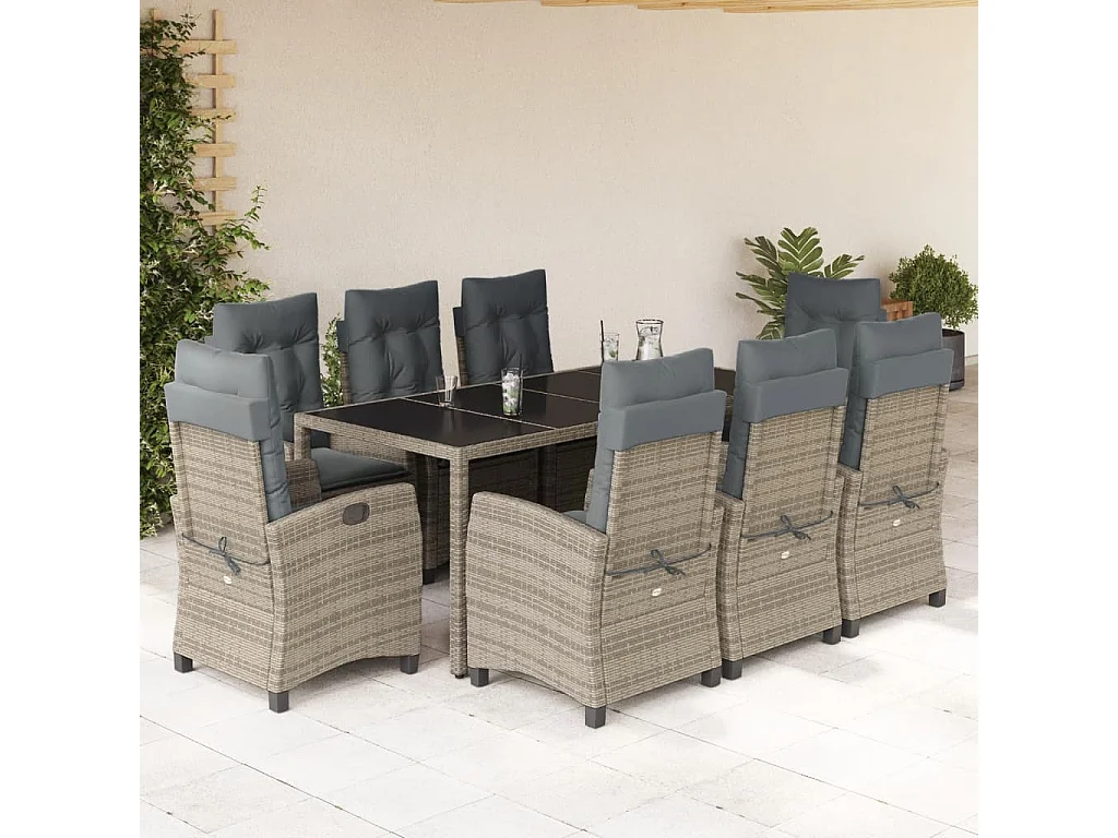 Ensemble à manger de jardin 9 pcs coussins gris résine tressée