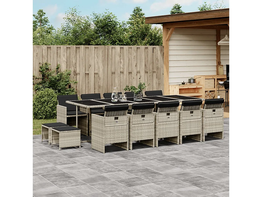 Ensemble à manger de jardin et coussins 15 pcs gris clair rotin