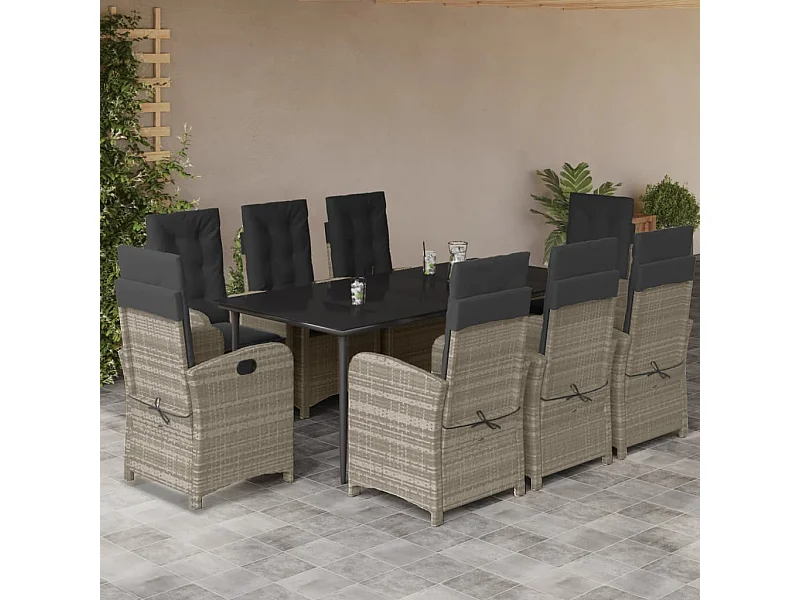 Ensemble à manger de jardin et coussins 9 pcs gris clair rotin