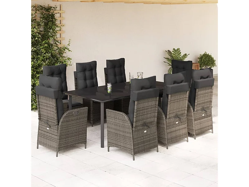 Ensemble à manger de jardin 9 pcs coussins gris résine tressée